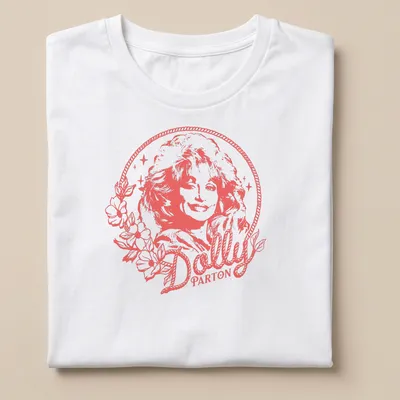 Minimalistic portrait of Dolly Parton with flowers in soft pink and white