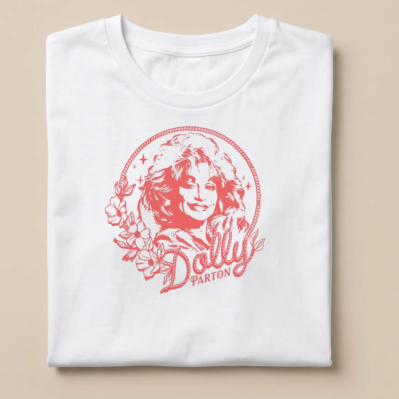 Minimalistic portrait of Dolly Parton with flowers in soft pink and white — printed on a unisex t-shirt