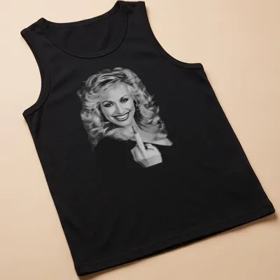 Vintage Dolly Parton t-shirt featuring an illustrated portrait in black and white — printed on a tank top