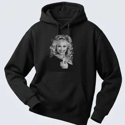 Vintage Dolly Parton t-shirt featuring an illustrated portrait in black and white — printed on a unisex hoodie
