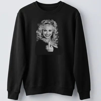 Vintage Dolly Parton t-shirt featuring an illustrated portrait in black and white — printed on a unisex sweatshirt