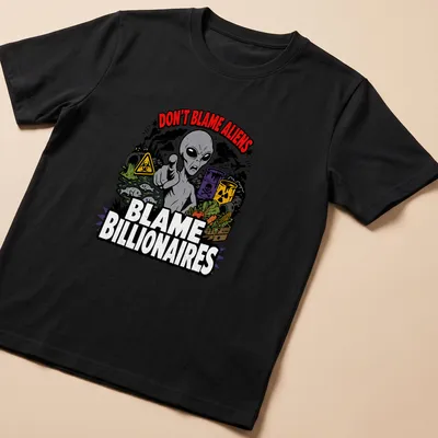 Cartoon alien design with text Don't Blame Aliens Blame Billionaires in green and black