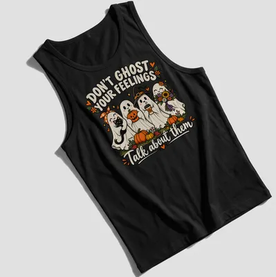 Colorful cartoon t-shirt featuring friendly ghosts with pumpkins and flowers — printed on a tank top
