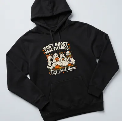 Colorful cartoon t-shirt featuring friendly ghosts with pumpkins and flowers — printed on a unisex hoodie