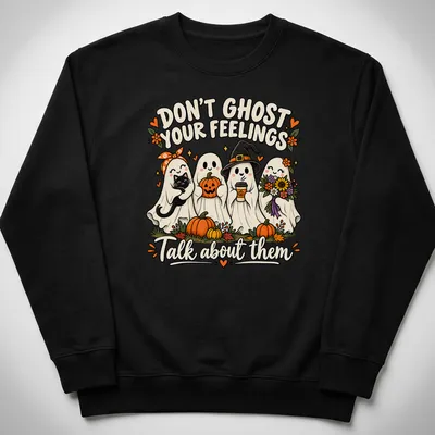 Colorful cartoon t-shirt featuring friendly ghosts with pumpkins and flowers — printed on a unisex sweatshirt