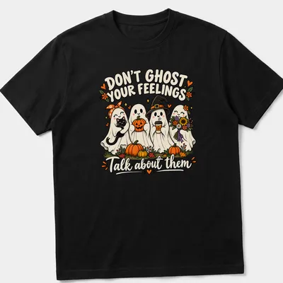 Colorful cartoon t-shirt featuring friendly ghosts with pumpkins and flowers