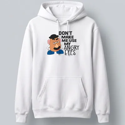 Cartoon potato character with angry eyes and humorous text. — printed on a unisex hoodie