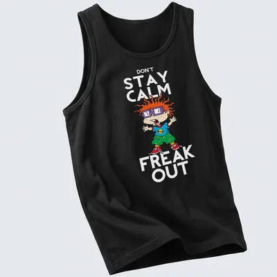 Cartoon Chuckie Finster with the phrase 'Dont Stay Calm Freak' in vibrant colors. — printed on a tank top