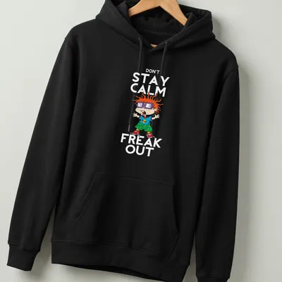Cartoon Chuckie Finster with the phrase 'Dont Stay Calm Freak' in vibrant colors. — printed on a unisex hoodie