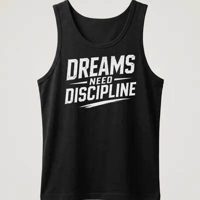 Bold typography t-shirt with the phrase Dreams Need Discipline over a mountain design — printed on a tank top