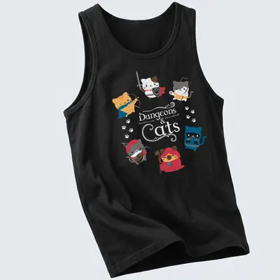 Kawaii design featuring cute cats in fantasy roles with colorful text — printed on a tank top