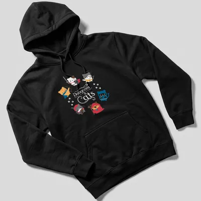 Kawaii design featuring cute cats in fantasy roles with colorful text — printed on a unisex hoodie