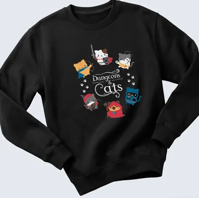 Kawaii design featuring cute cats in fantasy roles with colorful text — printed on a unisex sweatshirt