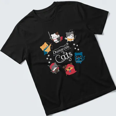 Kawaii design featuring cute cats in fantasy roles with colorful text