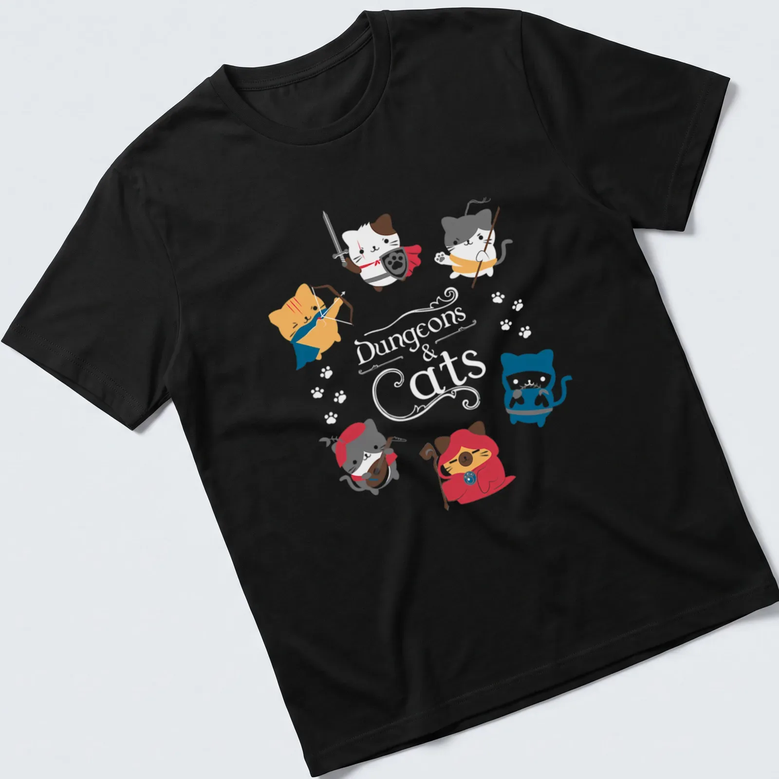 Kawaii design featuring cute cats in fantasy roles with colorful text — printed on a unisex t-shirt