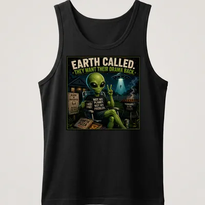 Vintage cartoon alien sitting with coffee, with humorous text about drama — printed on a tank top