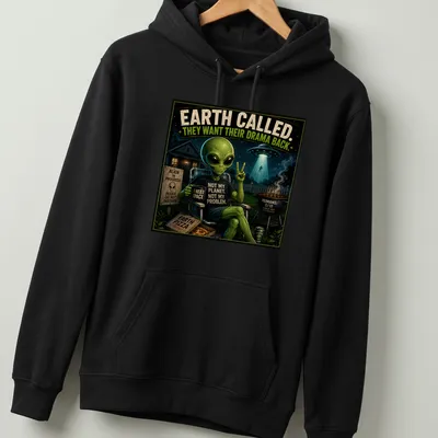 Vintage cartoon alien sitting with coffee, with humorous text about drama — printed on a unisex hoodie