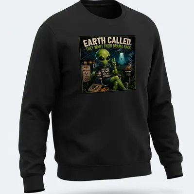 Vintage cartoon alien sitting with coffee, with humorous text about drama — printed on a unisex sweatshirt