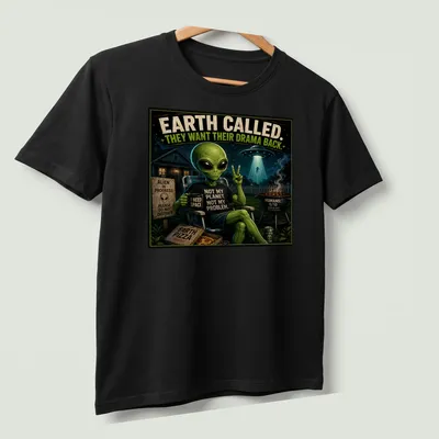 Vintage cartoon alien sitting with coffee, with humorous text about drama — printed on a unisex t-shirt (angled view)
