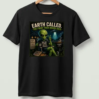 Vintage cartoon alien sitting with coffee, with humorous text about drama — printed on a unisex t-shirt