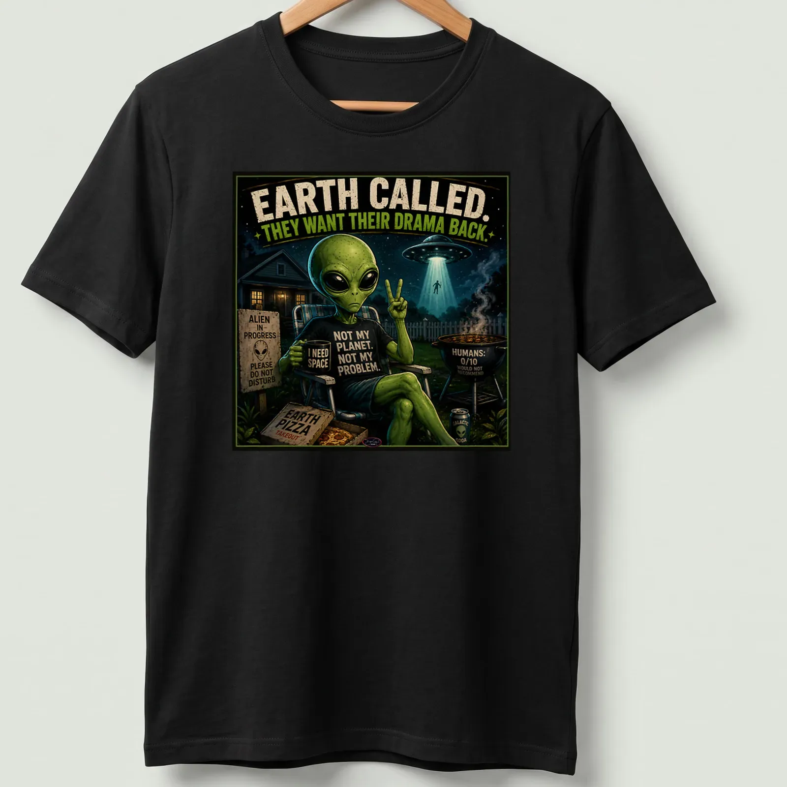 Vintage cartoon alien sitting with coffee, with humorous text about drama — printed on a unisex t-shirt