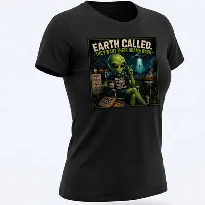 Vintage cartoon alien sitting with coffee, with humorous text about drama — printed on a women's shirt