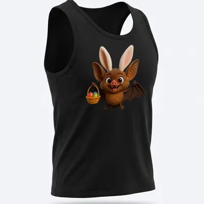 Cartoon long-eared bat with a basket of colorful eggs for Easter — printed on a tank top