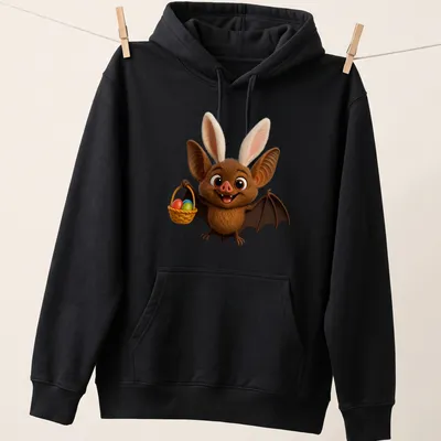 Cartoon long-eared bat with a basket of colorful eggs for Easter — printed on a unisex hoodie