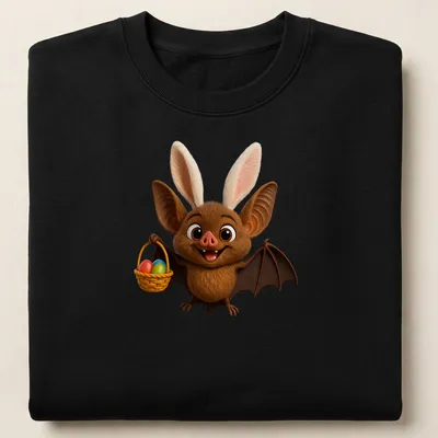 Cartoon long-eared bat with a basket of colorful eggs for Easter — printed on a unisex sweatshirt