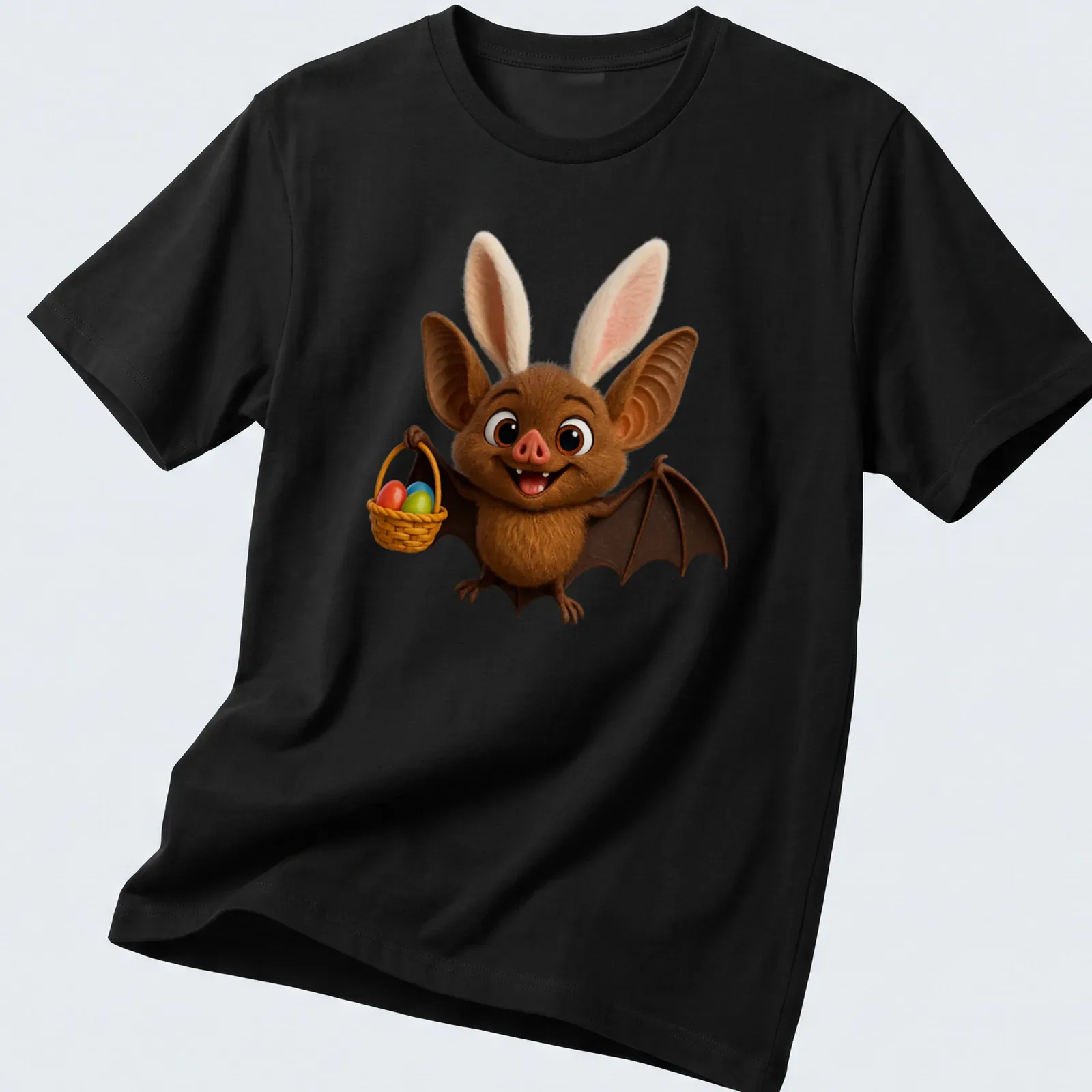 Cartoon long-eared bat with a basket of colorful eggs for Easter — printed on a unisex t-shirt