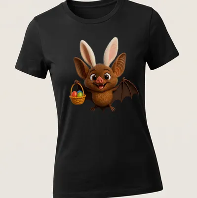 Cartoon long-eared bat with a basket of colorful eggs for Easter — printed on a women's shirt
