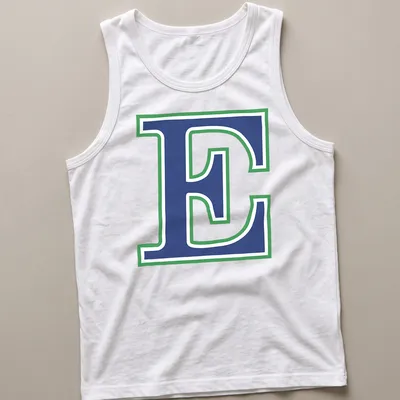 Bold collegiate Eastlake Titans logo T-shirt with the letter E in blue, green, and white — printed on a tank top