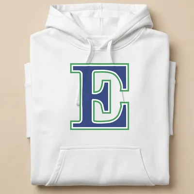 Bold collegiate Eastlake Titans logo T-shirt with the letter E in blue, green, and white — printed on a unisex hoodie