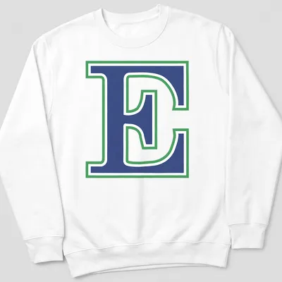 Bold collegiate Eastlake Titans logo T-shirt with the letter E in blue, green, and white — printed on a unisex sweatshirt
