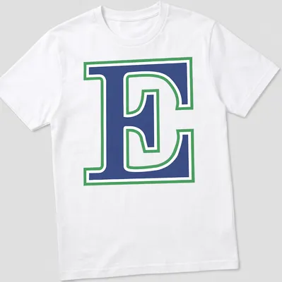 Bold collegiate Eastlake Titans logo T-shirt with the letter E in blue, green, and white — printed on a unisex t-shirt