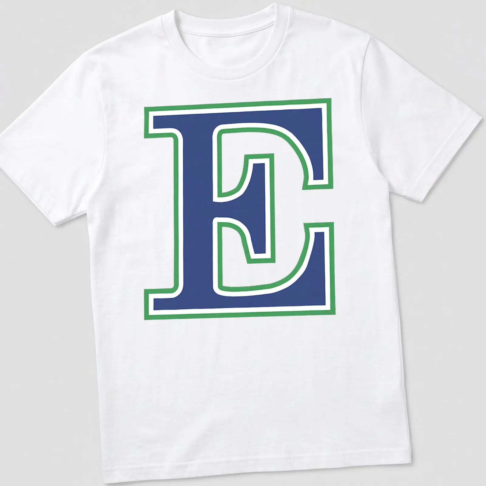 Bold collegiate Eastlake Titans logo T-shirt with the letter E in blue, green, and white — printed on a unisex t-shirt