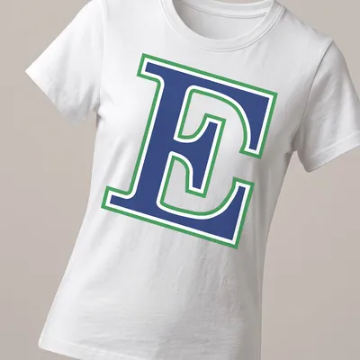 Bold collegiate Eastlake Titans logo T-shirt with the letter E in blue, green, and white — printed on a women's shirt