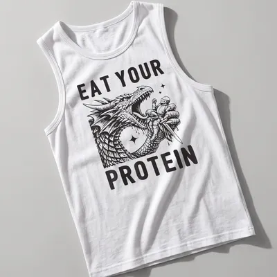 Bold illustration of a dragon flexing with the text Eat Your Protein — printed on a tank top