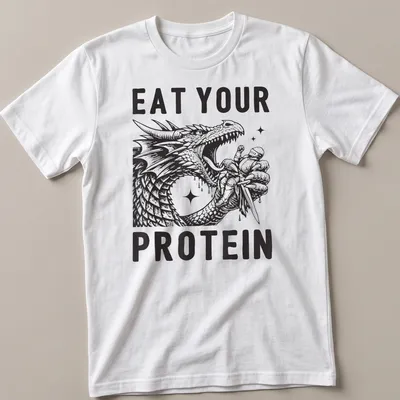 Bold illustration of a dragon flexing with the text Eat Your Protein