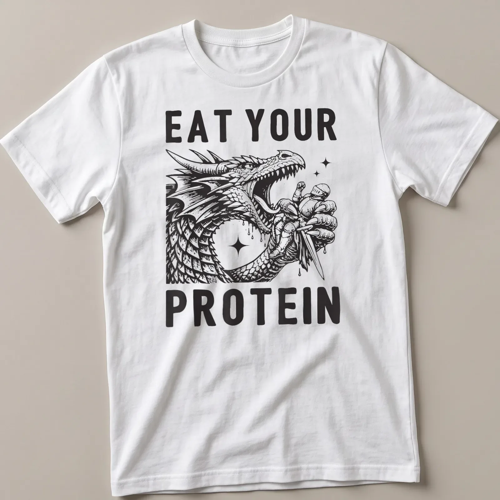 Bold illustration of a dragon flexing with the text Eat Your Protein — printed on a unisex t-shirt