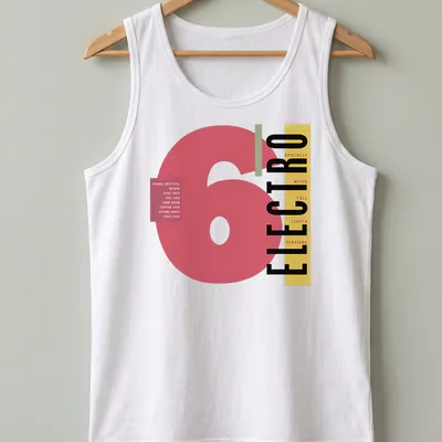 Electro music tee featuring bold names in modern graphic style — printed on a tank top