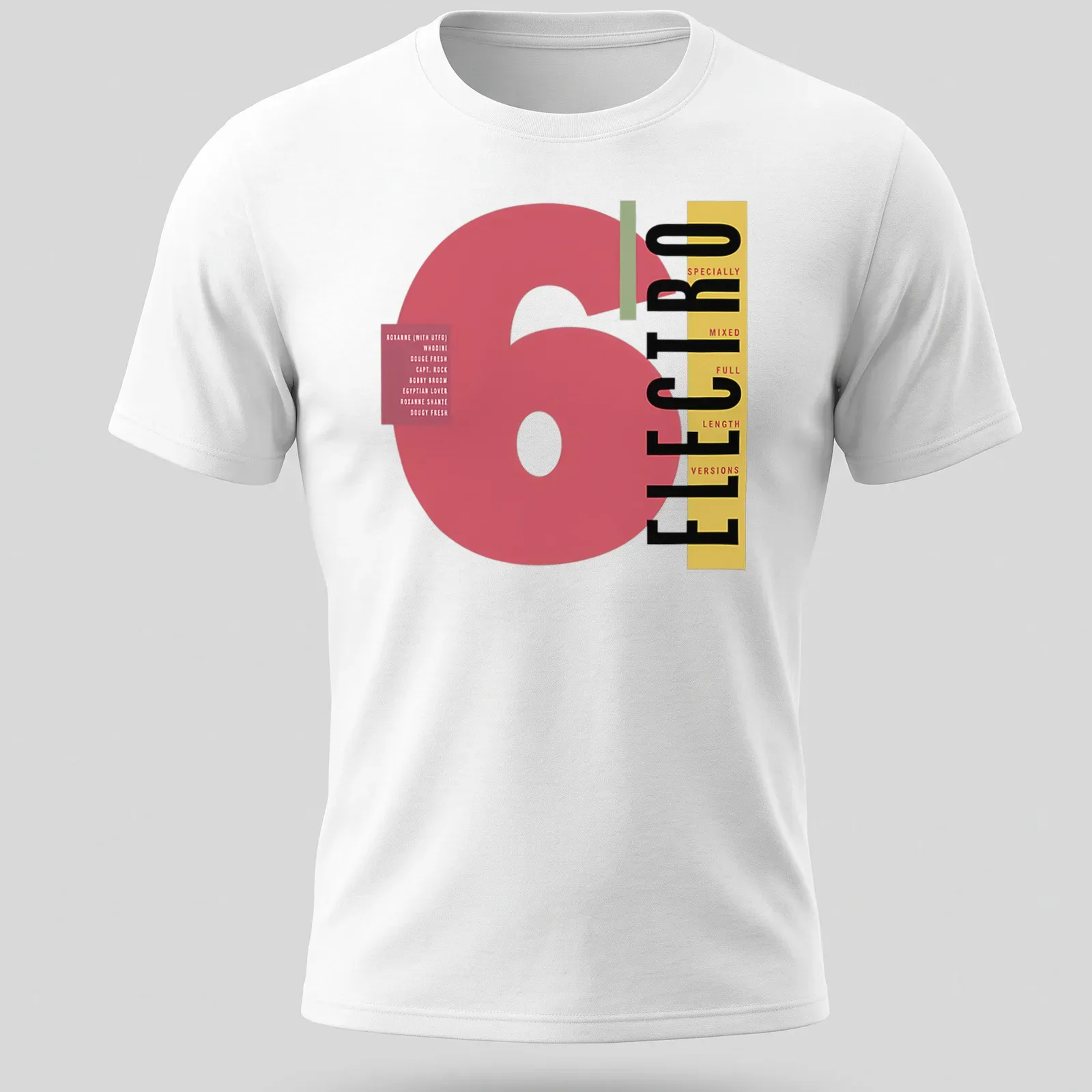 Electro music tee featuring bold names in modern graphic style — printed on a unisex t-shirt