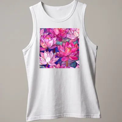 Faux stained glass design of pink magenta lilies with blue and purple accents — printed on a tank top