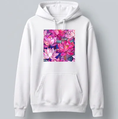 Faux stained glass design of pink magenta lilies with blue and purple accents — printed on a unisex hoodie