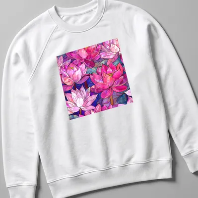 Faux stained glass design of pink magenta lilies with blue and purple accents — printed on a unisex sweatshirt