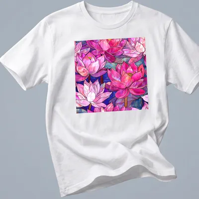 Faux stained glass design of pink magenta lilies with blue and purple accents