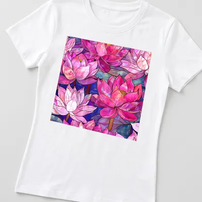 Faux stained glass design of pink magenta lilies with blue and purple accents — printed on a women's shirt