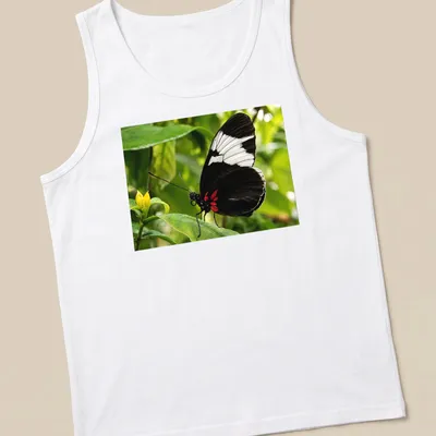 Realistic print of a Sapho Longwing Butterfly resting on a green leaf — printed on a tank top