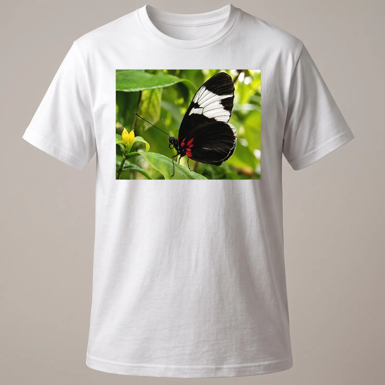 Realistic print of a Sapho Longwing Butterfly resting on a green leaf — printed on a unisex t-shirt