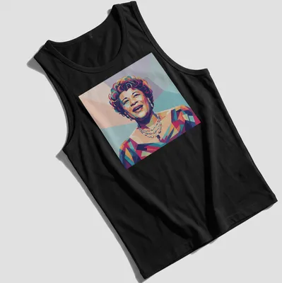 Pop art portrait of Ella Fitzgerald in vibrant colors — printed on a tank top